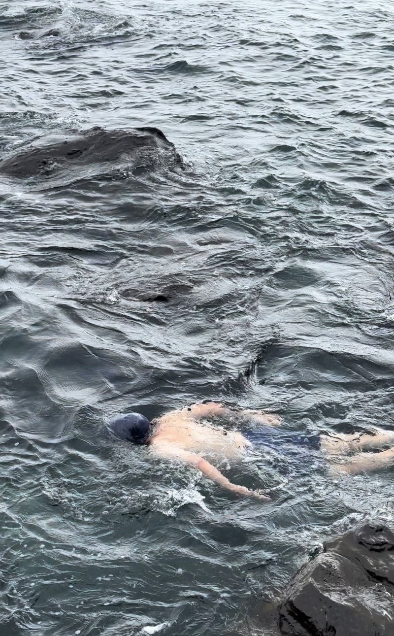 An adult swims in the ocean with visible rocks along the shoreline, captured in a medium shot on a cloudy day with dark, choppy waves.