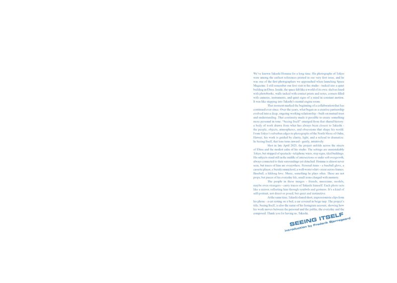Text-heavy image presenting an article titled 'Seeing Itself' by Frederik Borregaard, exploring themes of potential and everyday life.