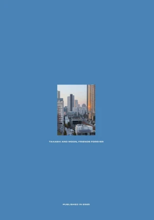 Cityscape framed in a blue background. Tall buildings under a soft, muted sky. The book cover displays the title 'Takashi and Moon, Friends Forever.'