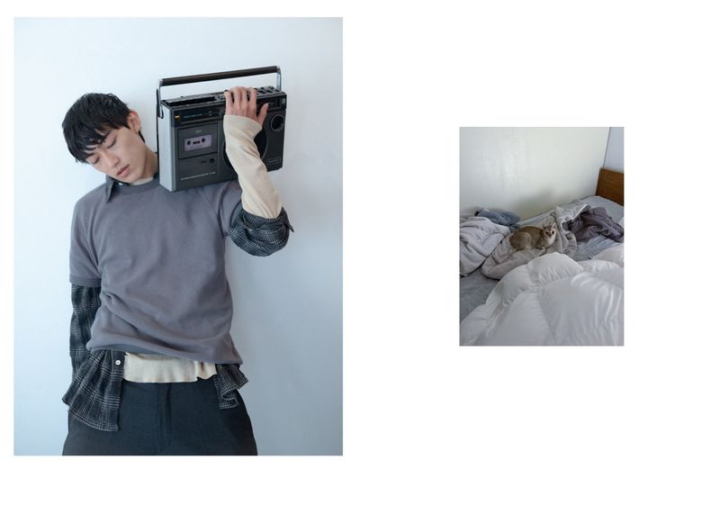 A young man with a boombox over his shoulder in an indoor setting, juxtaposed with an image of a cat resting on a bed.