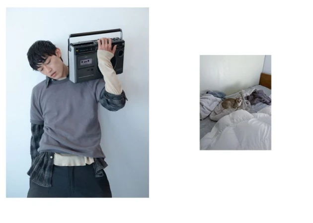 A young man with a boombox over his shoulder in an indoor setting, juxtaposed with an image of a cat resting on a bed.