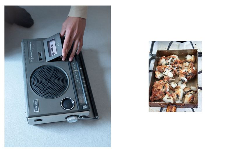 Hand inserting cassette tape into a vintage Sony radio, and a tray with food, side by side on a white background.