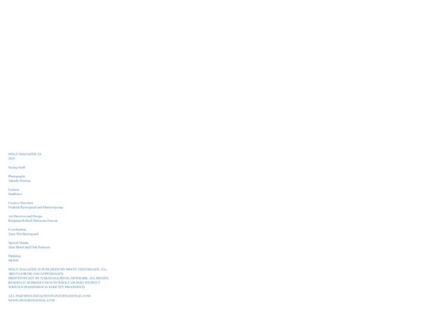 Magazine spread with text on a white background featuring information about photography, fashion, and creative direction, including a special thanks.