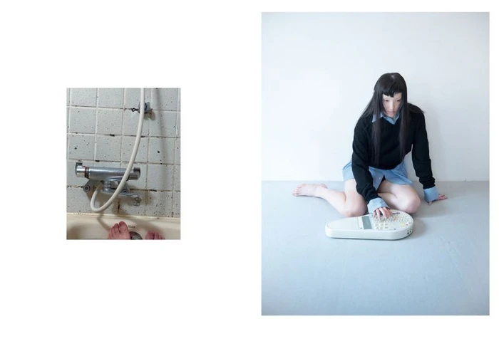 Editorial diptych showing feet in a tiled bathtub alongside a woman in a black sweater seated by an electronic instrument on a pale floor.