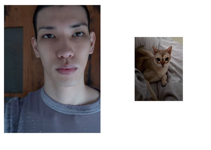 A close-up portrait of an East Asian man alongside a smaller inset photograph of a brown cat lying on grey bedding.