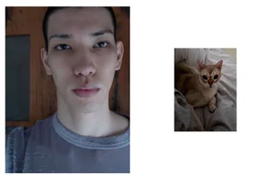 A close-up portrait of an East Asian man alongside a smaller inset photograph of a brown cat lying on grey bedding.