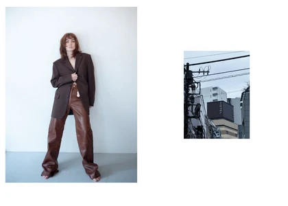 Editorial diptych of a model in an oversized brown blazer and leather trousers beside an urban photo of city utility poles and buildings.