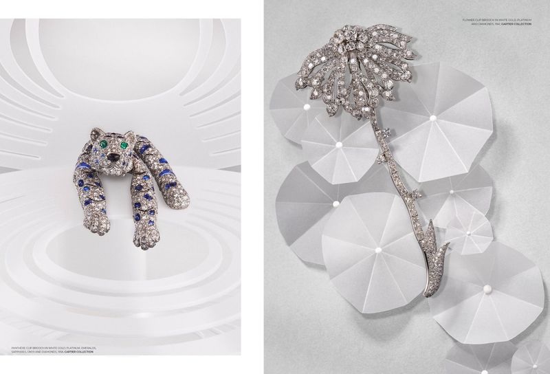 Close-up of two bejeweled brooches, one a tiger motif with blue stripes and the other a floral arrangement on a white backdrop.