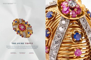 Editorial spread featuring a vintage Cartier gold wirework jewel adorned with diamonds, pink rubies, and blue sapphire floral motifs.