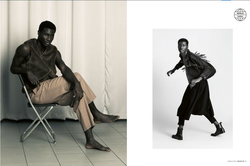 Black male fashion editorial: A man sits in a brown vest and pants while another poses in black jacket and wide pants on a white backdrop.
