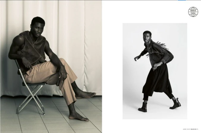 Black male fashion editorial: A man sits in a brown vest and pants while another poses in black jacket and wide pants on a white backdrop.
