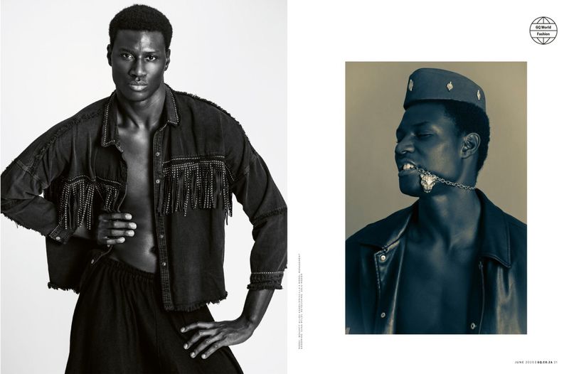Split fashion editorial image of a dark-skinned male model wearing a jacket with fringe and a second model wearing a cap.