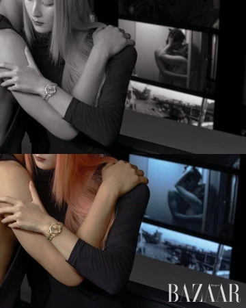 A stylish fashion photograph shows two adult women with a luxury wristwatch, captured in a dimly lit studio setting with a BAZAAR logo.