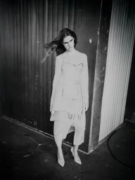Model with long blowing hair wearing layered light-colored dress and heels standing against a textured industrial wall backdrop