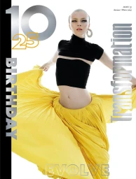 Model wearing a black crop top and flowing yellow skirt against a white studio background with magazine typography.