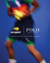 Motion blurred sports campaign image featuring a tennis player in colorful apparel against a solid blue background.