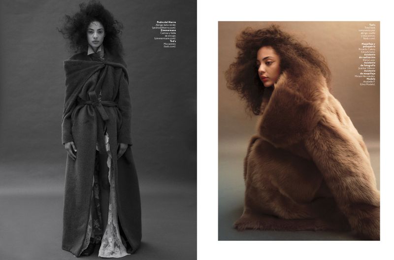 Two-part fashion editorial: woman in long wool coat and long dress in black and white on the left, and a woman in a brown fur coat on the right.