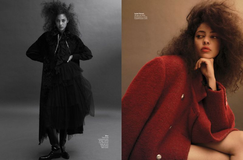 Fashion editorial featuring a woman in a long black dress and coat in a studio setting and another woman in a red coat.