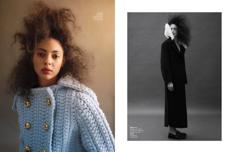 Fashion editorial shot featuring an adult woman with curly hair wearing a blue knit jacket with gold buttons; grayscale image of a woman wearing a long black coat.