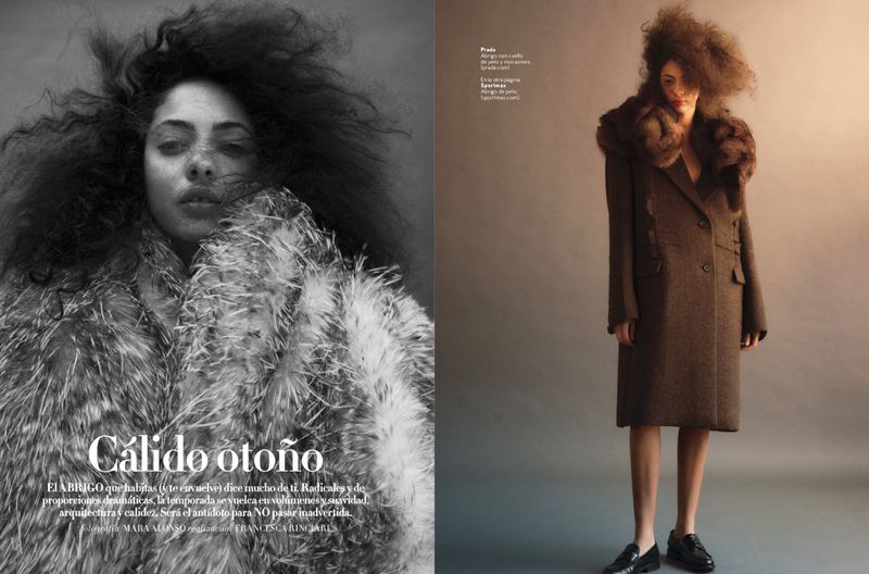 Fashion editorial shot featuring a woman in a fur coat, contrasted with another woman in a long wool coat, set against a neutral backdrop.