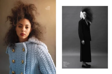 Fashion editorial spread featuring model Annabelle Pouilly in a light blue knit jacket with gold buttons and a long black coat.