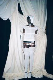 A model standing in white attire with a head covering against draped off-white fabric backdrop for Office Magazine.