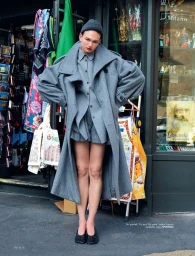 Model in grey oversized coat and matching beanie posing on a city street in front of a storefront for Elle Turkiye.
