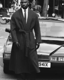 Black and white photo of Skepta in a belted overcoat, collared shirt, and tie, standing in front of a vintage car on a street.