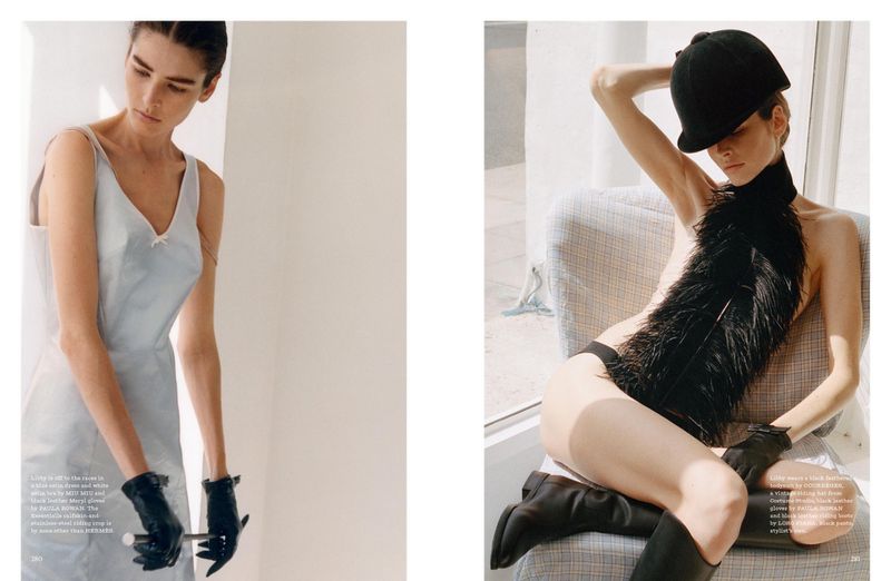 Two images side by side of the same adult female model, one wearing a baby blue dress and gloves and the other in black bodysuit.