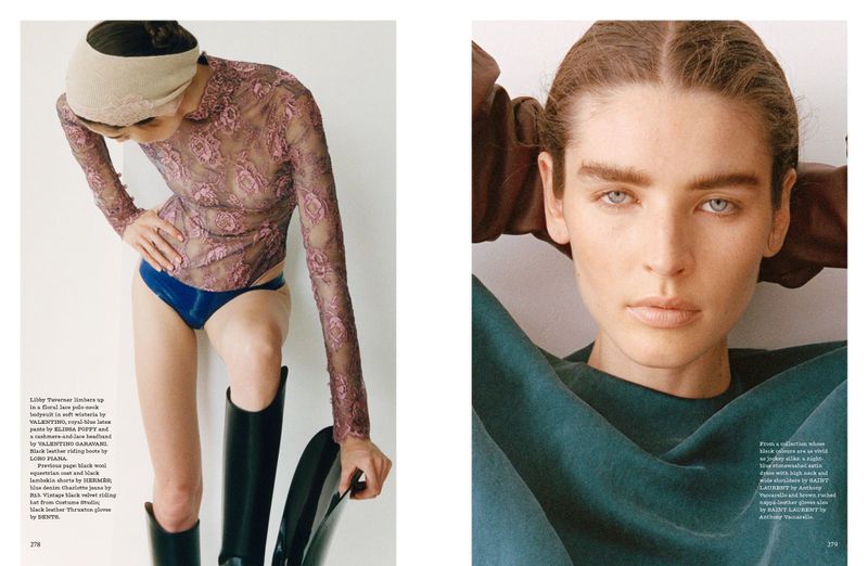 Fashion editorial image featuring a woman in a lace top and high boots and a close-up of a woman in a dark green top.