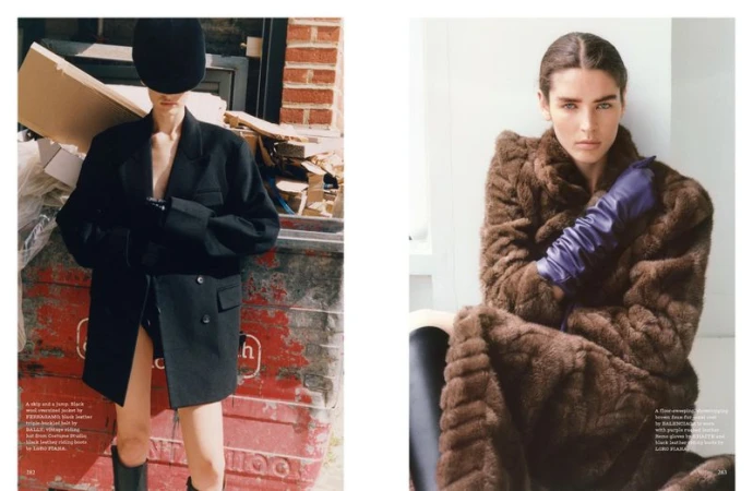 Fashion editorial image features two female models wearing fur coats and outerwear in an outdoor and indoor setting. 