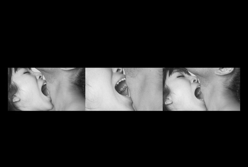 Monochrome triptych featuring a female adult and a male adult seemingly kissing and in close proximity, in a photograph with a dark background.