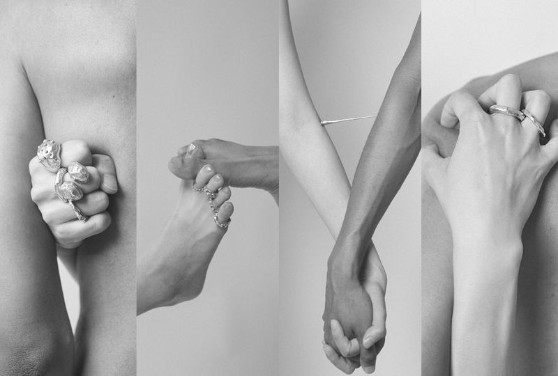 Black and white photo collage featuring close-ups of hands and feet adorned with rings, showcasing body parts and jewelry.