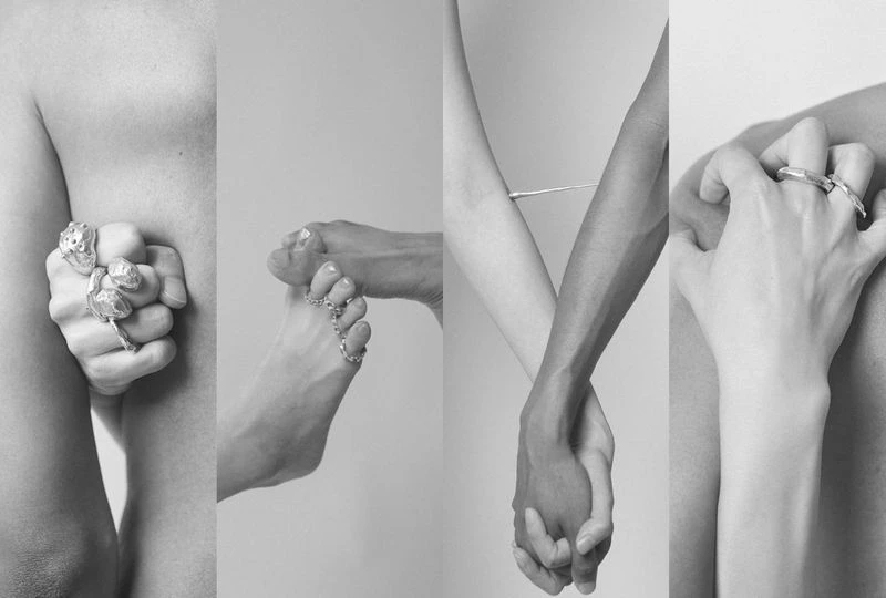 Black and white photo collage featuring close-ups of hands and feet adorned with rings, showcasing body parts and jewelry.