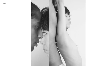 Black and white editorial diptych showing two close-up profiles on the left and an arched torso with silver rings on the right.