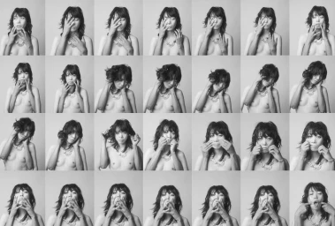 Monochrome contact sheet grid showing a woman with dark hair posing with her hands touching her face against a light grey background
