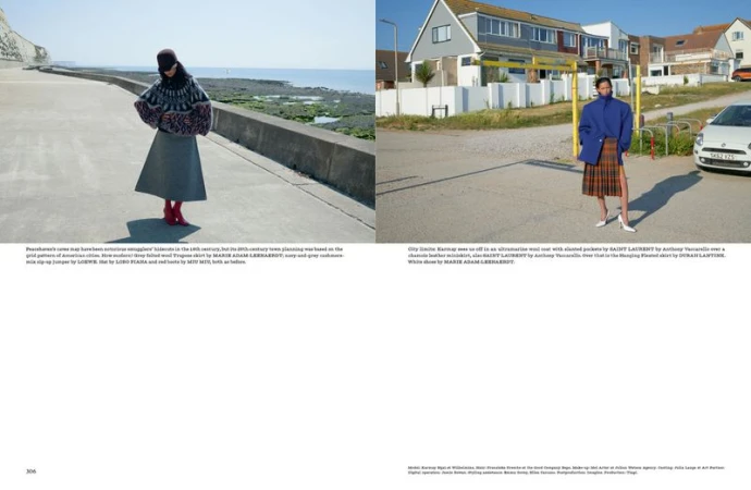 Two fashion models on a coastal road and in a neighborhood wearing wool coats and skirts, respectively, in natural daylight.