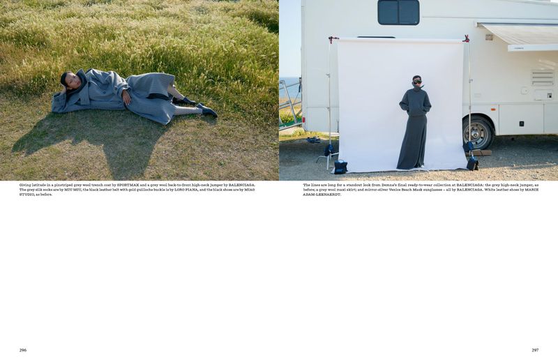 Fashion editorial split-screen featuring a person reclining in a field and a person standing by an RV with a backdrop screen.