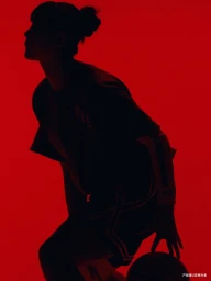 Silhouette of a basketball player in a low defensive stance dribbling against a bright red background