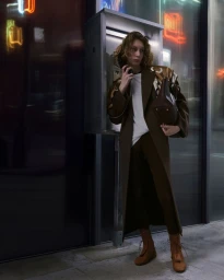 Model with curly hair in a long brown coat holding a handbag near a street telephone booth at night