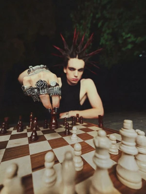 Close-up of a person with spiky dark hair and rings playing chess, making a move on the board.