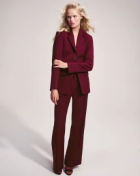 Model wearing a structured burgundy blazer and matching trousers against a pale neutral studio backdrop.