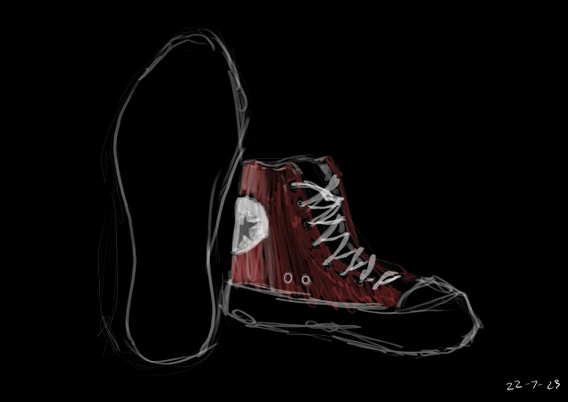 Illustration of a red high-top sneaker with white laces and white accents next to its detached insole against a black background.