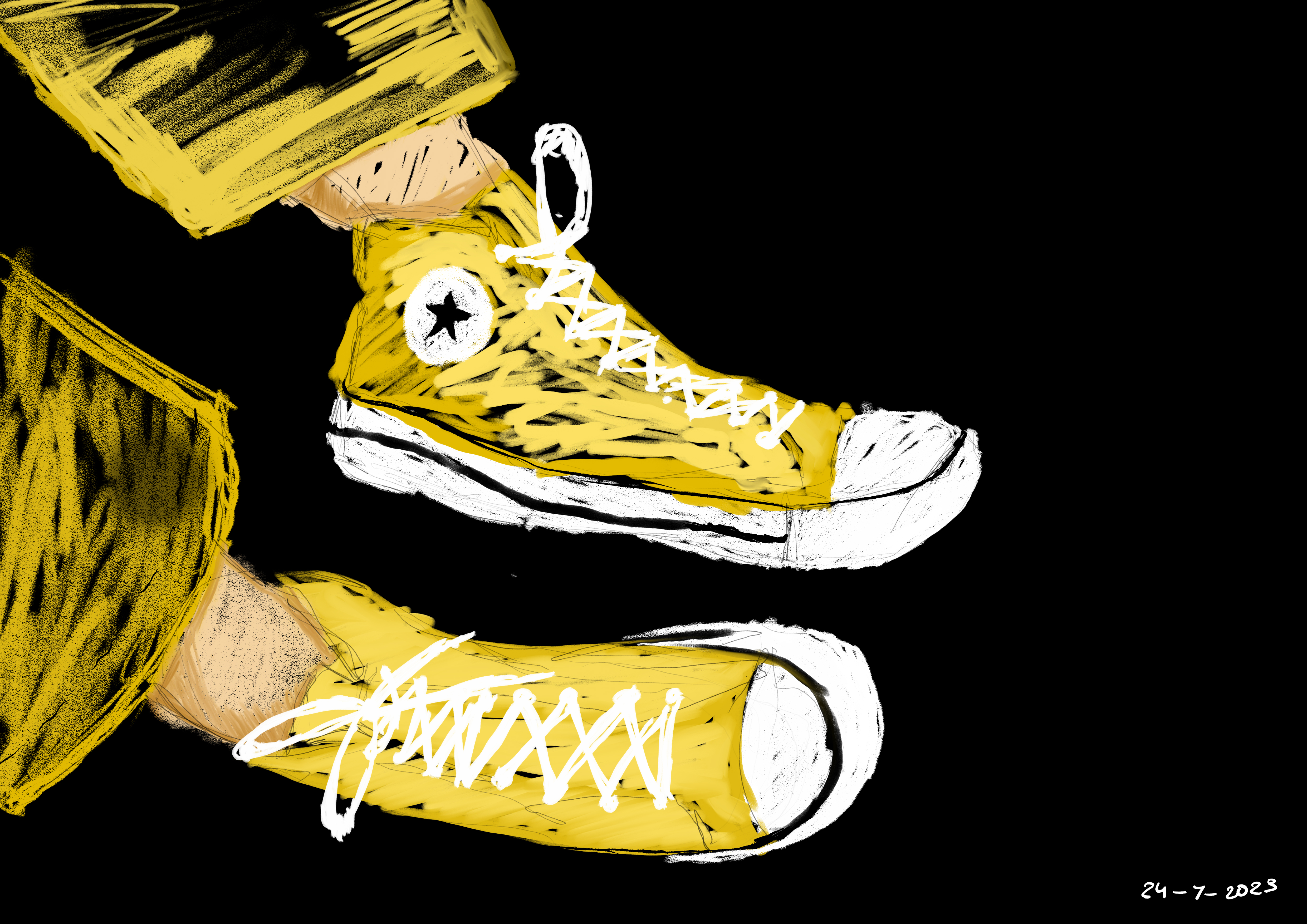 Digital painting of a pair of yellow and white Converse sneakers on a black background, one shown at an angle.
