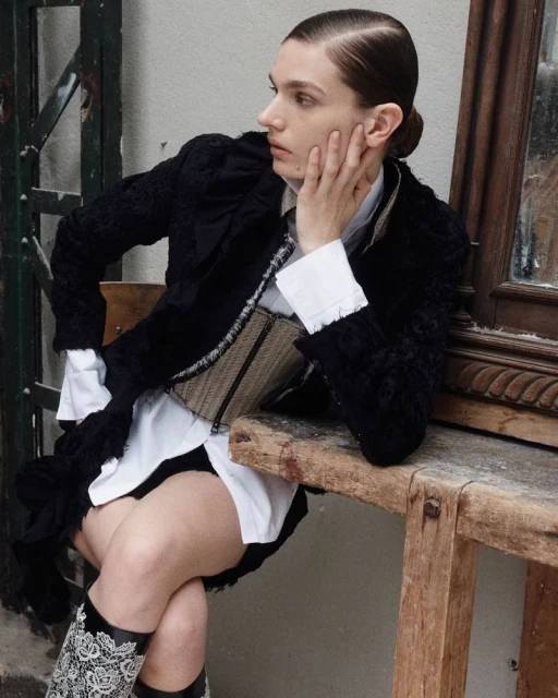 Woman in black coat, white shirt, and floral boots sits on a wooden structure. She's resting her face on her hand.