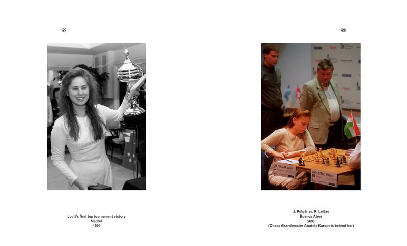 Black and white photograph featuring Judit Polgár holding a trophy, and a separate scene of her at a chess tournament with spectators.