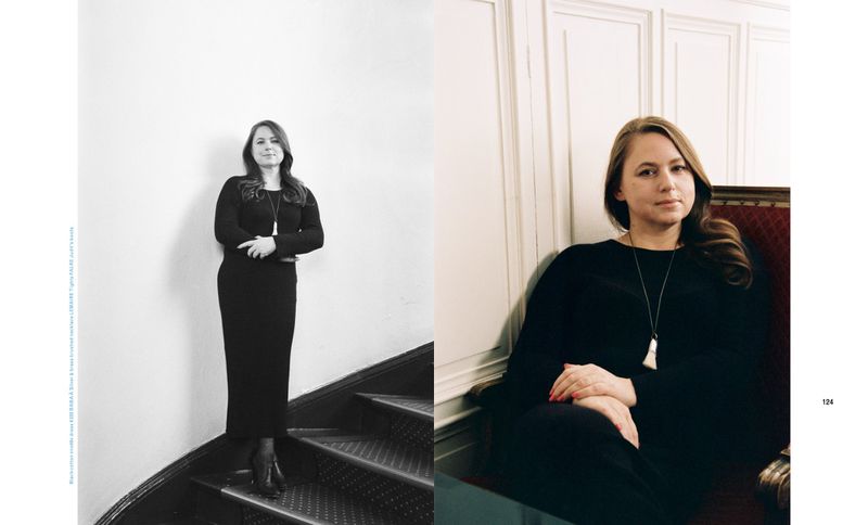 Two portraits of a woman with long brown hair wearing a black dress and pendant necklace in different interior settings.
