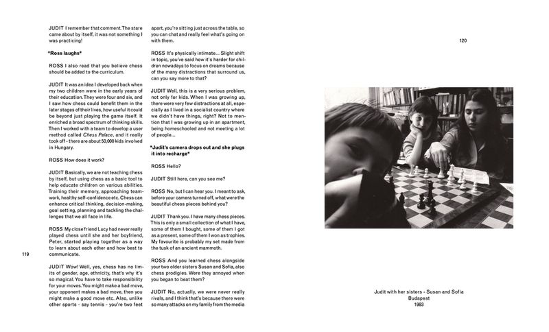 Black and white image of two young females, Susan and Sofia, sitting at a chess board with chess pieces, Budapest, 1983.