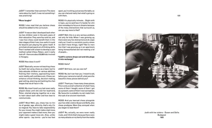 Black and white image of two young females, Susan and Sofia, sitting at a chess board with chess pieces, Budapest, 1983.