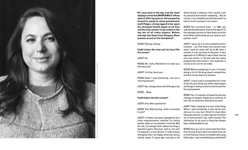 Portrait of Judit Polgár, a chess grandmaster, in a black and white photograph next to a text-filled article. She faces the camera directly.